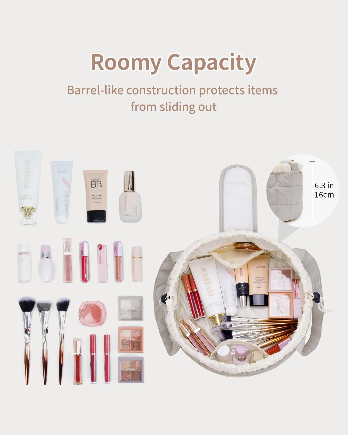 Narwey bolsa maquillaje barril con cierre velcro frontal para acceso rápido.