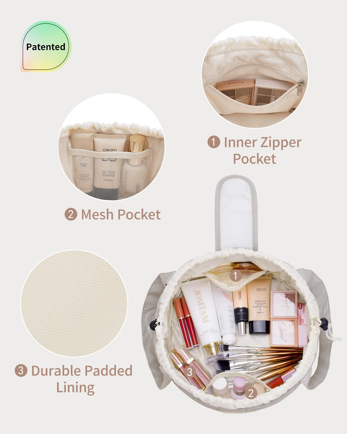 Narwey bolsa maquillaje barril con dos cordones para cierre seguro.