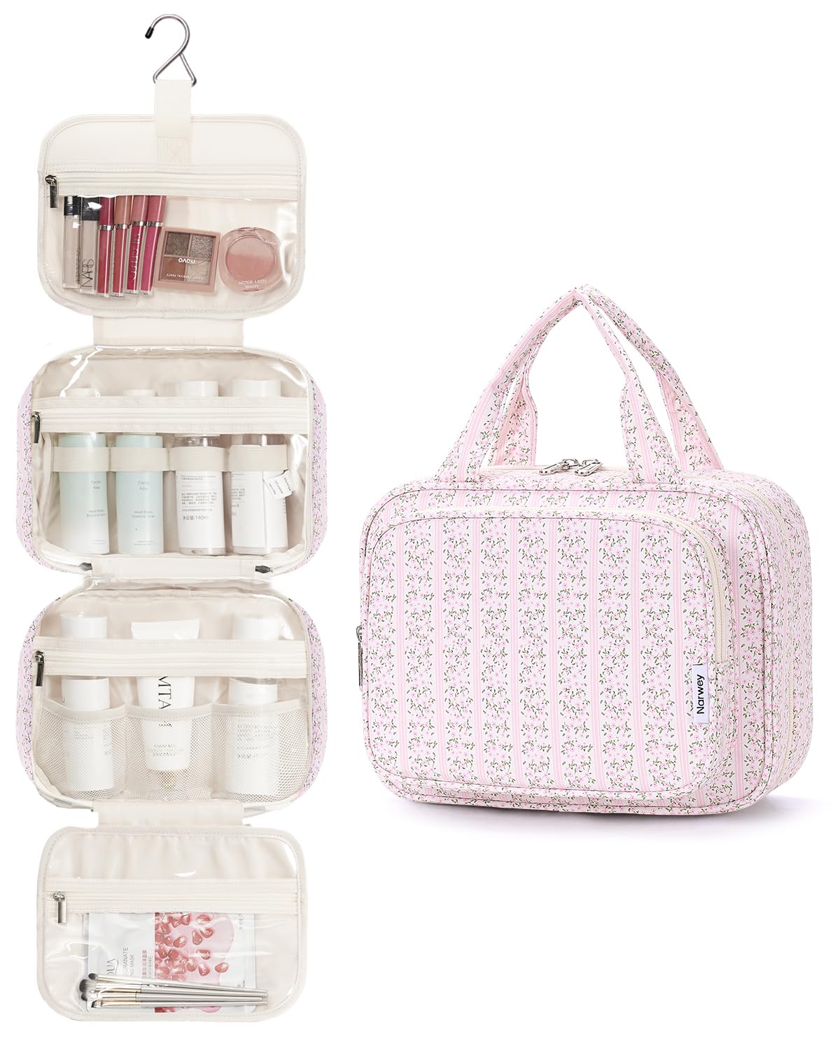 Narwey con 4 compartimentos para cosméticos, mantiene todo en su lugar durante el viaje.