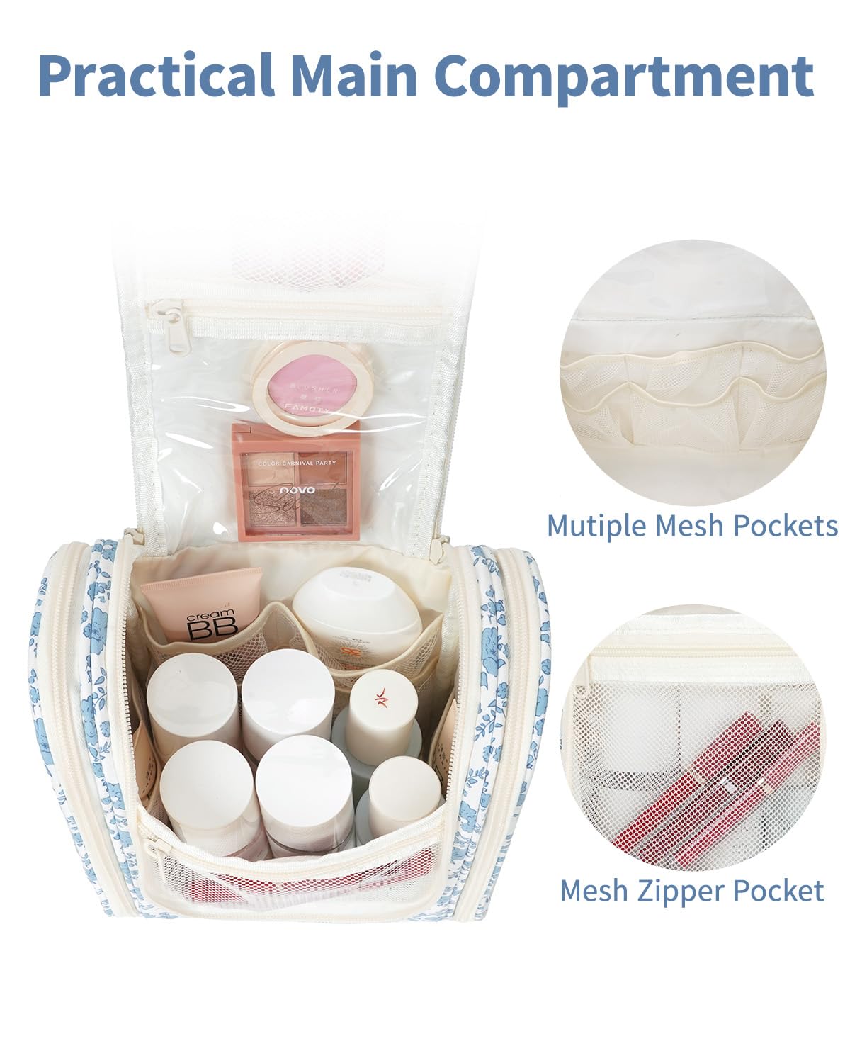 Narwey exterior con cuatro cremalleras para acceso rápido a cosméticos.