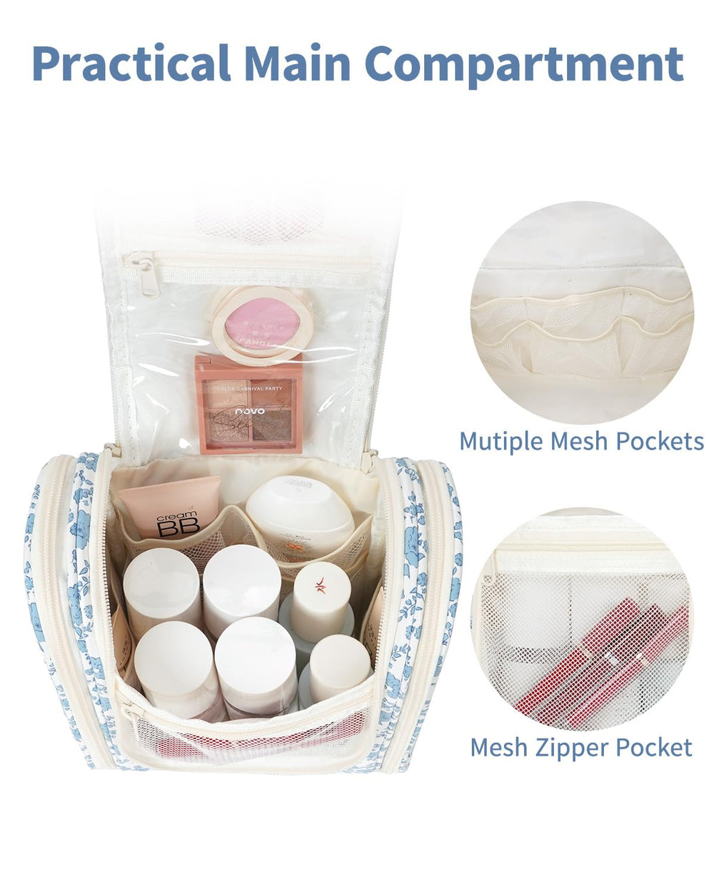 Narwey exterior con cuatro cremalleras para acceso rápido a cosméticos.