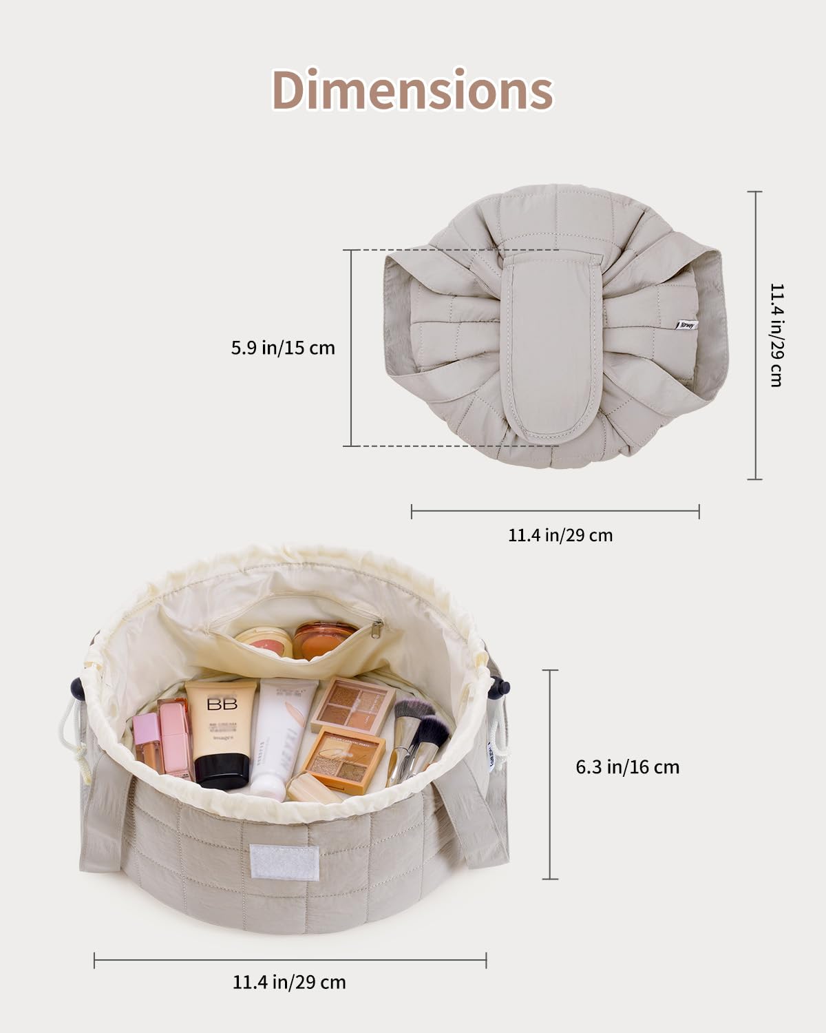 Narwey bolsa maquillaje barril con material resistente al agua y forro acolchado.