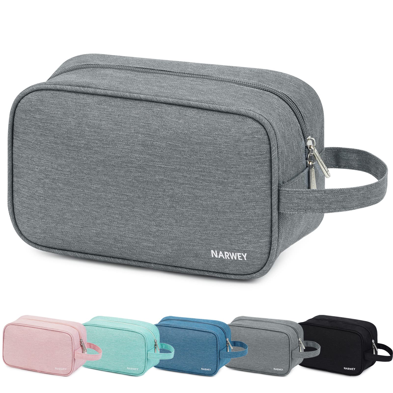 Narwey neceser de viaje gris, vista frontal, gran capacidad para productos de cuidado