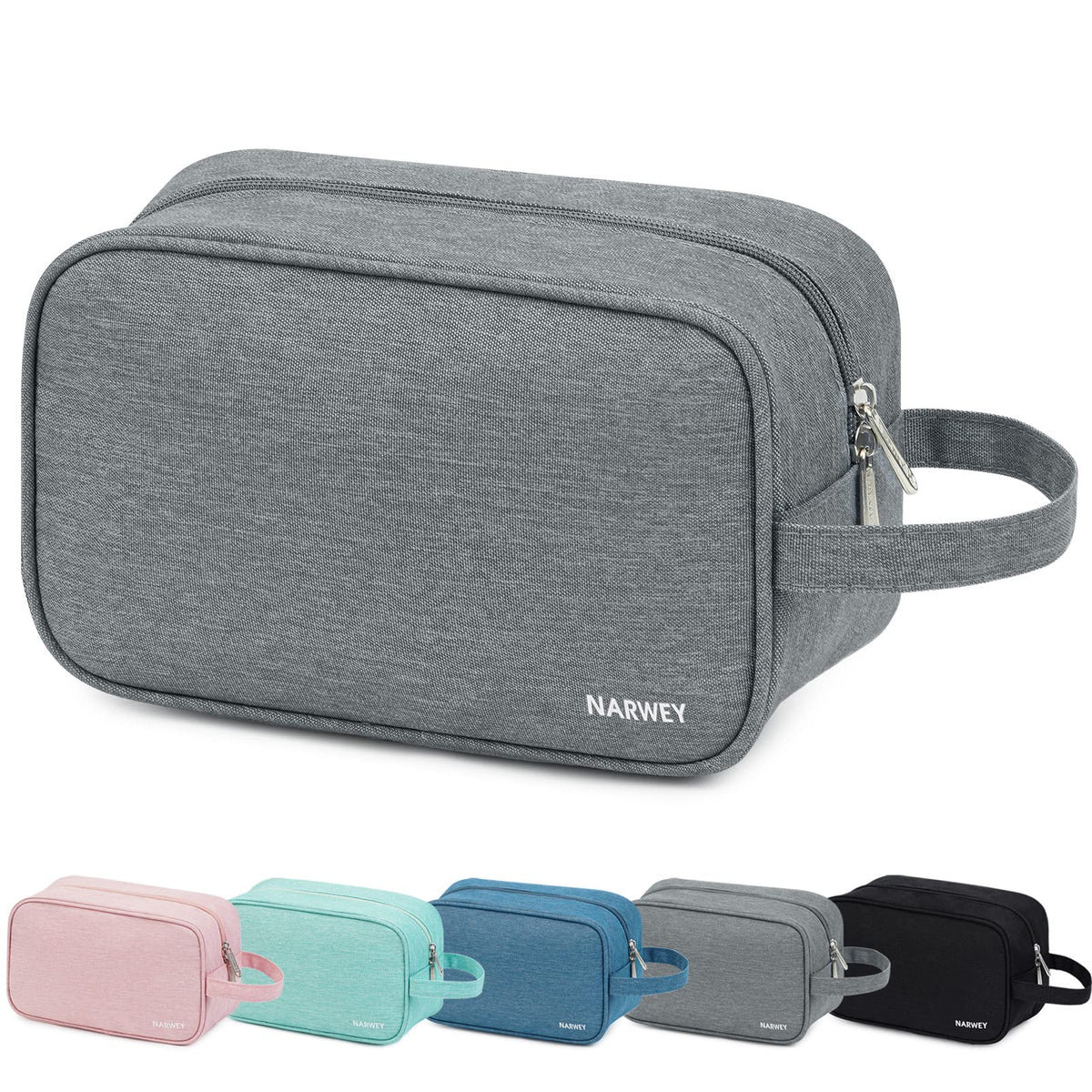 Narwey neceser de viaje gris, vista frontal, gran capacidad para productos de cuidado