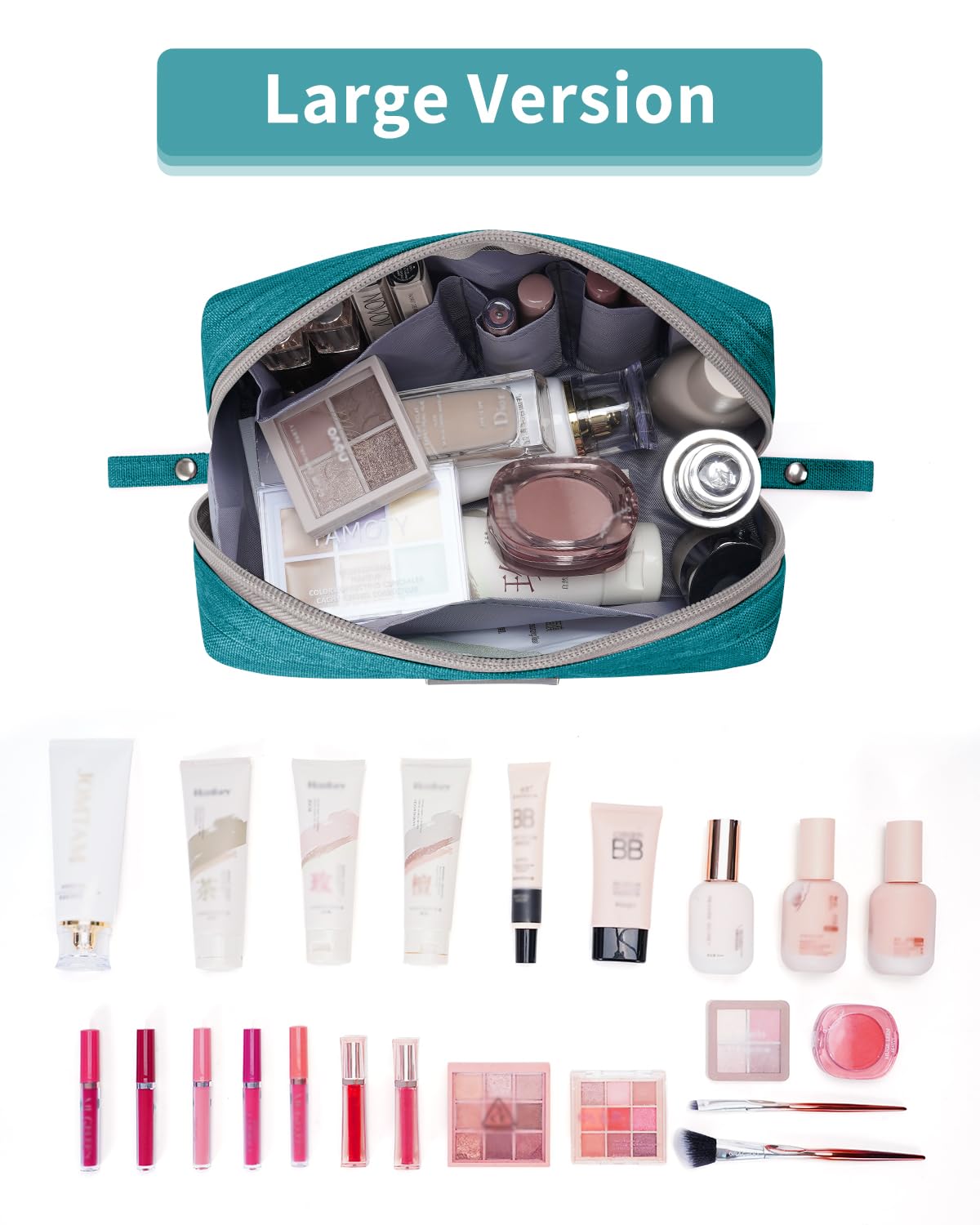 Narwey organizador cosméticos viaje teal, bolsillos eficientes para productos esenciales.