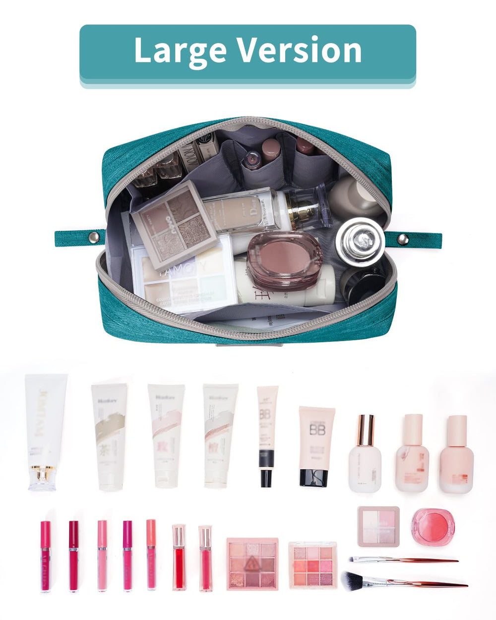 Narwey organizador cosméticos viaje teal, bolsillos eficientes para productos esenciales.