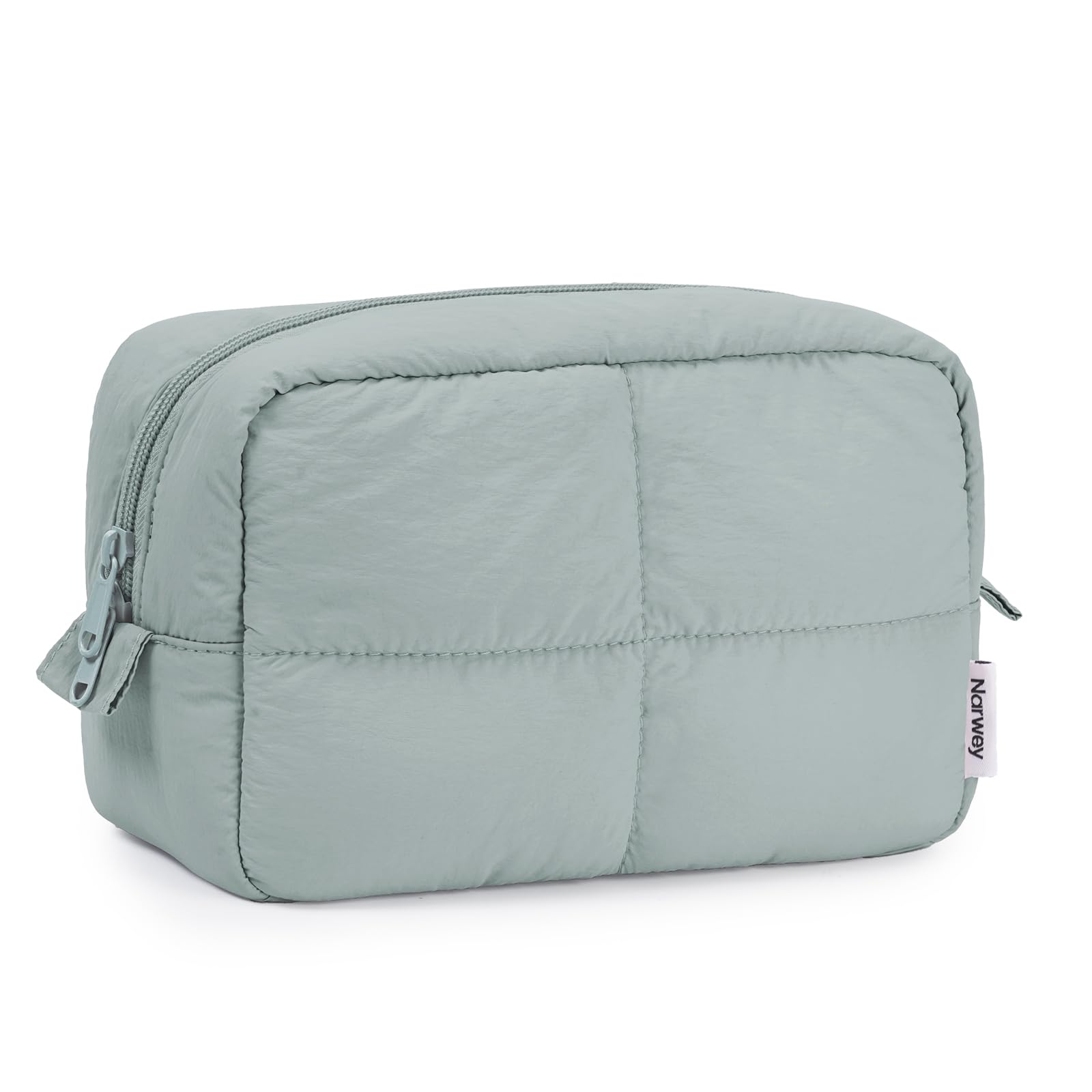 Narwey Puffy bolsa de maquillaje verde salvia, vista frontal compacto para viaje