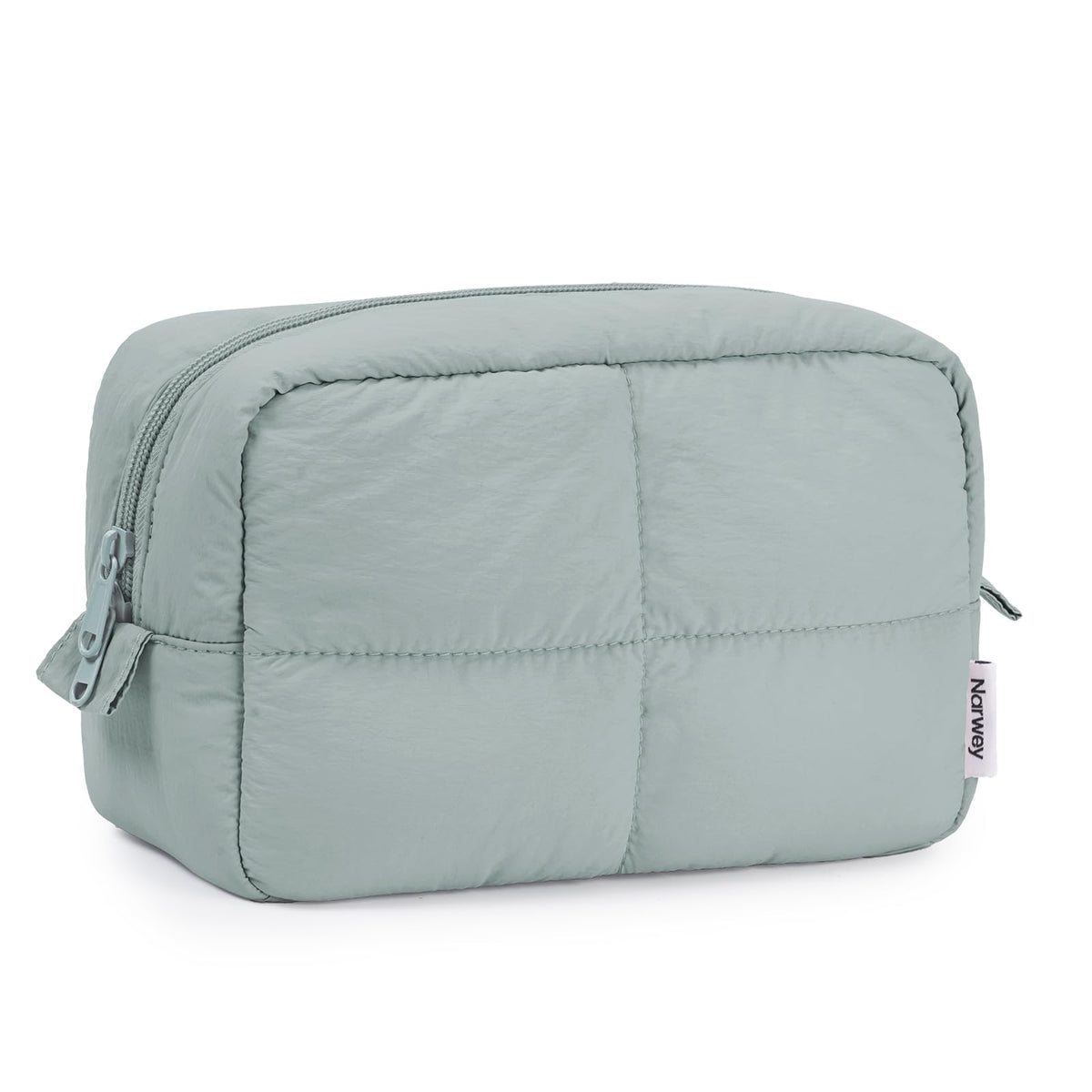 Narwey Puffy bolsa de maquillaje verde salvia, vista frontal compacto para viaje