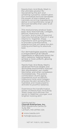 Nasola Kojic Acid Body Wash brand label closeup on bottle