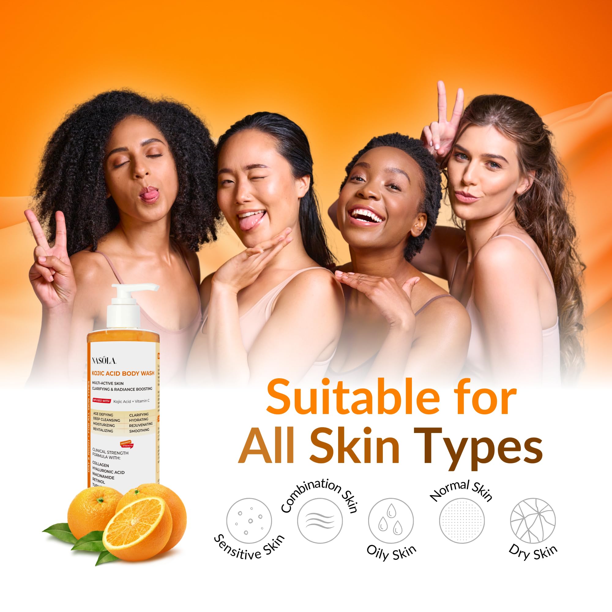 Nasola Kojic Acid Body Wash Vitamin C glow shot suggesting brightening effect