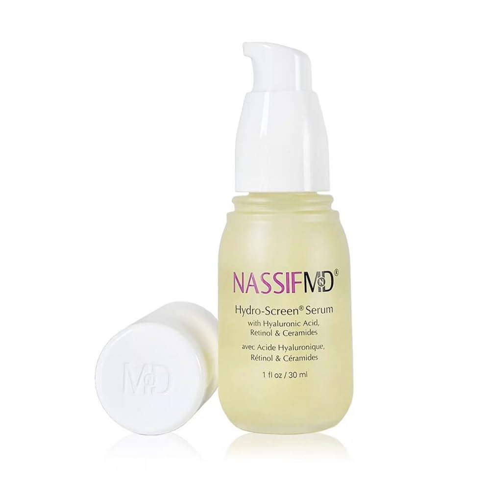NassifMD Hydro-Screen Serum en botella, aplicación suave y piel hidratada.