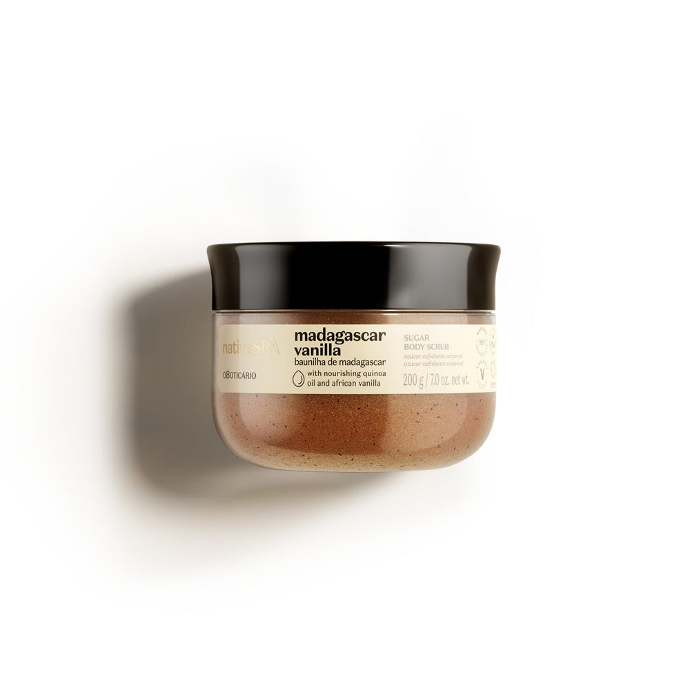 Nativa Spa exfoliante corporal vainilla Madagascar en bote, suaviza la piel con aroma envolvente