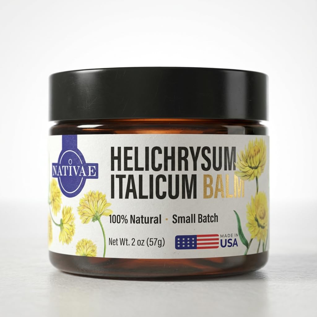 Bálsamo Nativae Helichrysum Italicum, botella visible para uso diario suave.