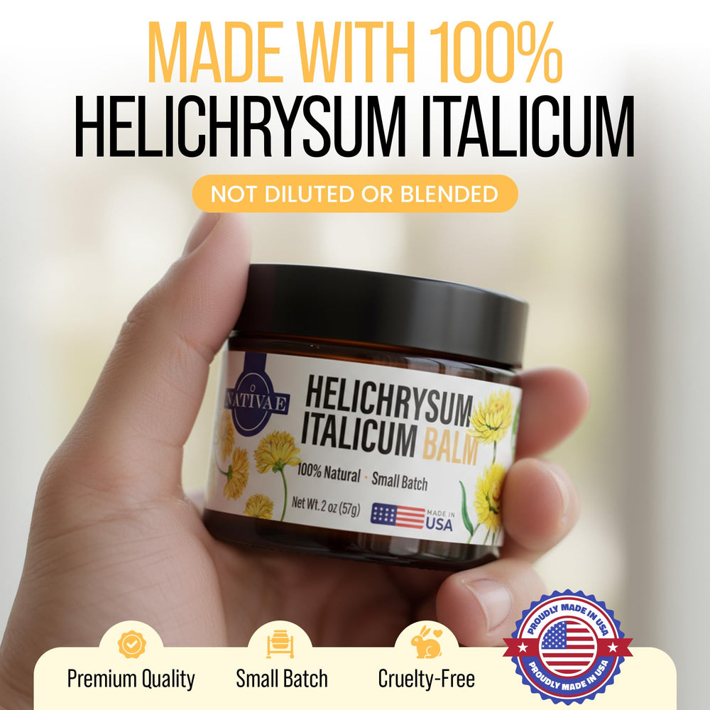 Bálsamo Nativae Helichrysum Italicum, ingredientes naturales visibles para una piel sana.