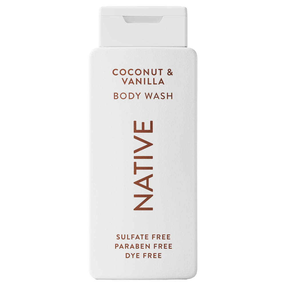 Gel de baño Native muestra la botella con aroma de coco y vainilla para ducha lujosa