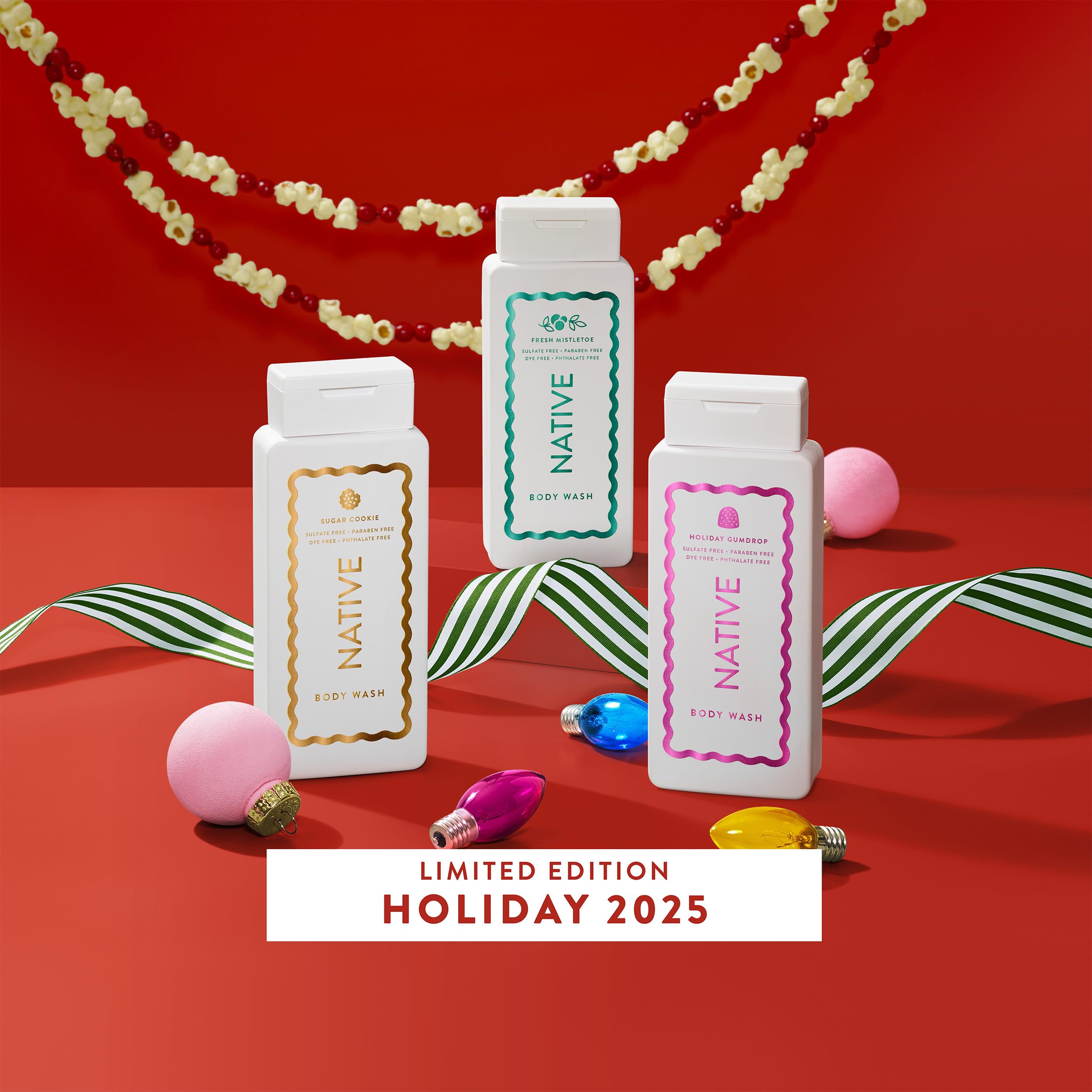 Native body wash bottle highlights sulfate-, dye-, and phthalate-free ingredients.