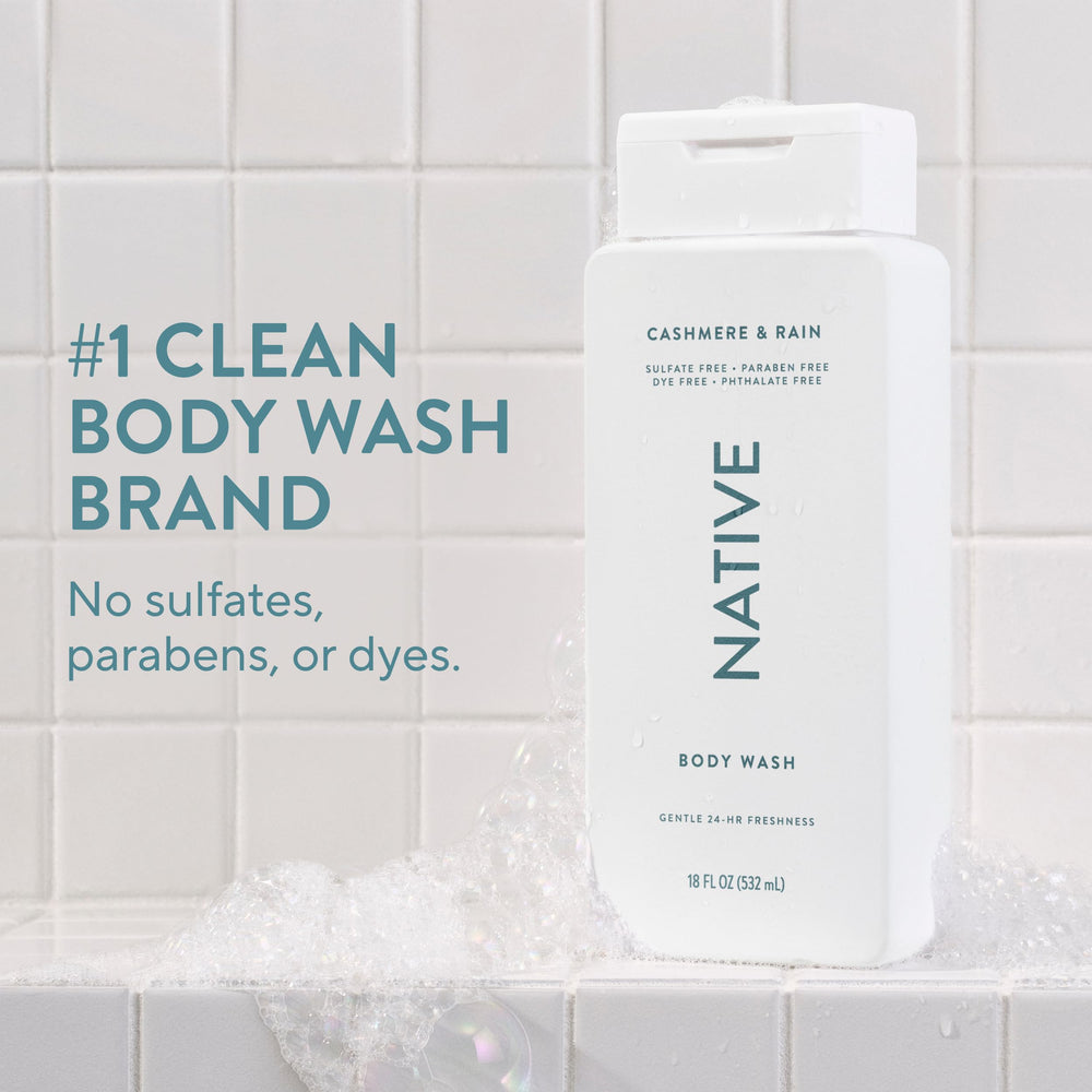 Native Body Wash usa ingredientes naturales para una limpieza suave sin irritantes.