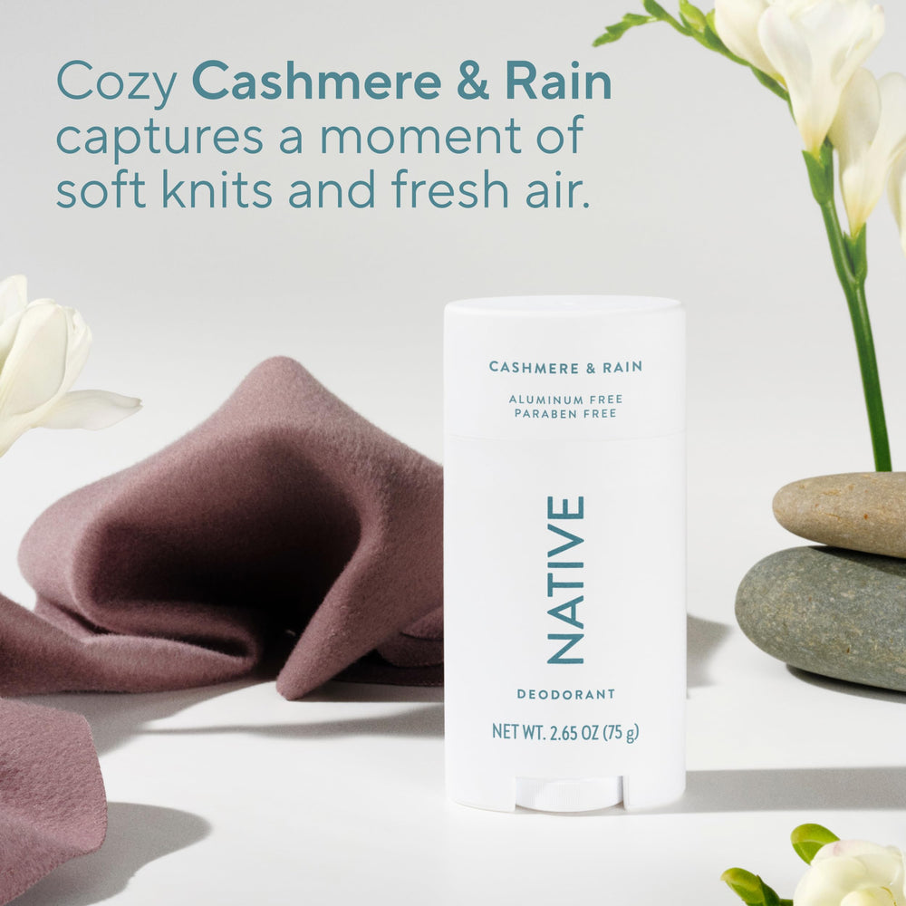 Native Cashmere & Rain product packaging close-up with minimal, clean design.