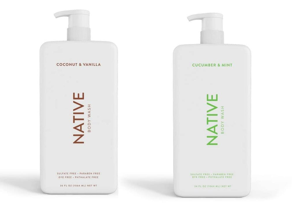 Gel de ducha Native Coco-Vainilla, botella con dispensador para uso diario suave.