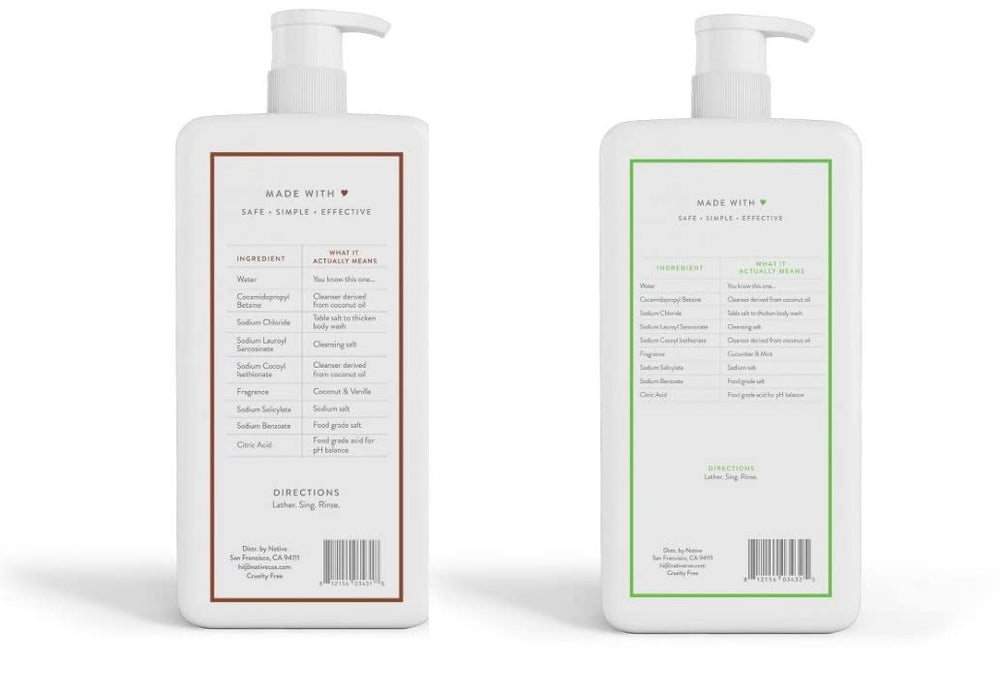 Gel de ducha Native Pepino-Menta, botella con dispensador para sensación vigorizante.
