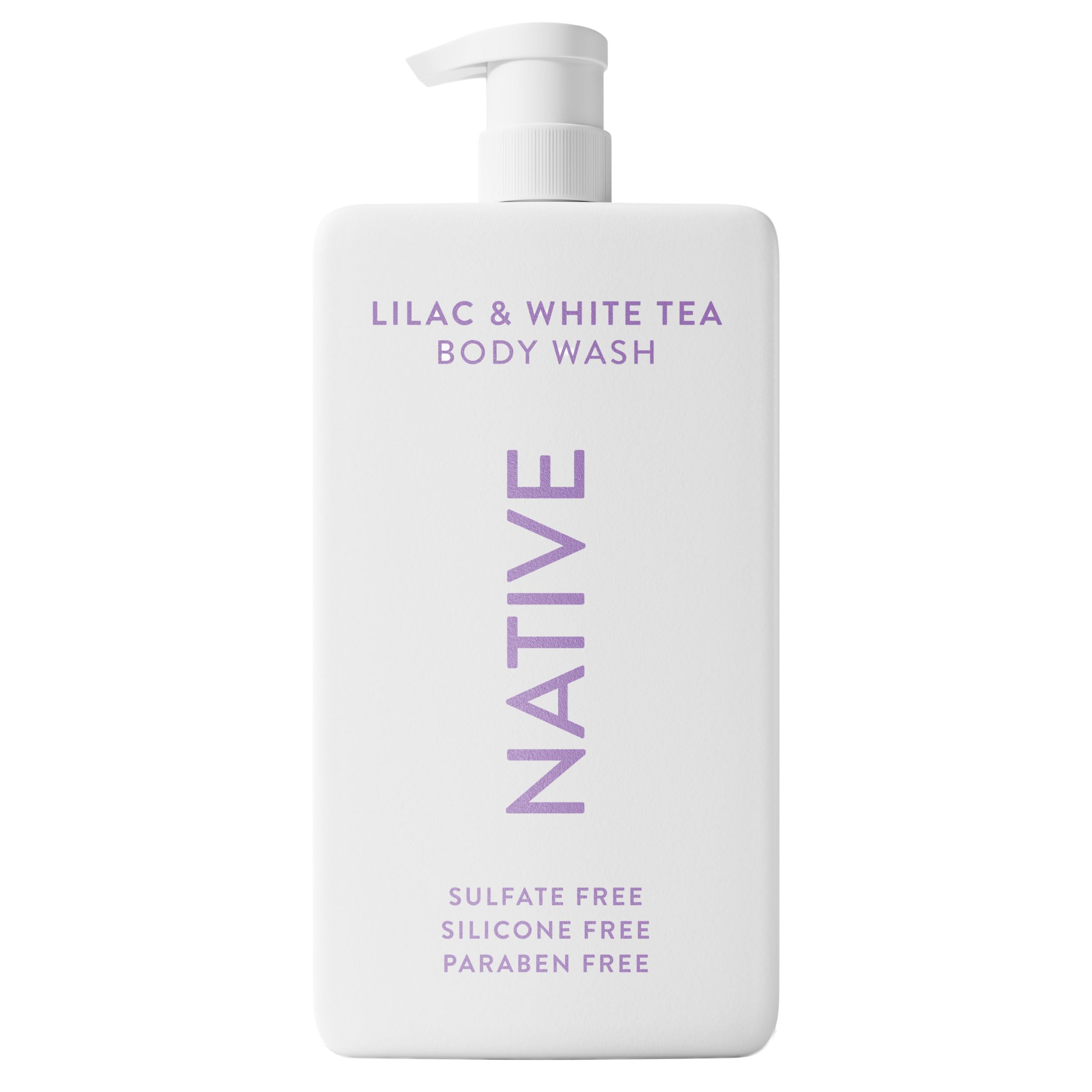 Native gel ducha sin sulfatos, botella vertiendo, limpieza suave para la piel.