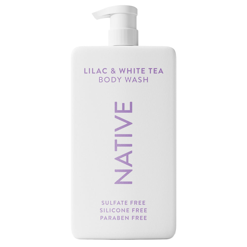 Native gel ducha sin sulfatos, botella vertiendo, limpieza suave para la piel.