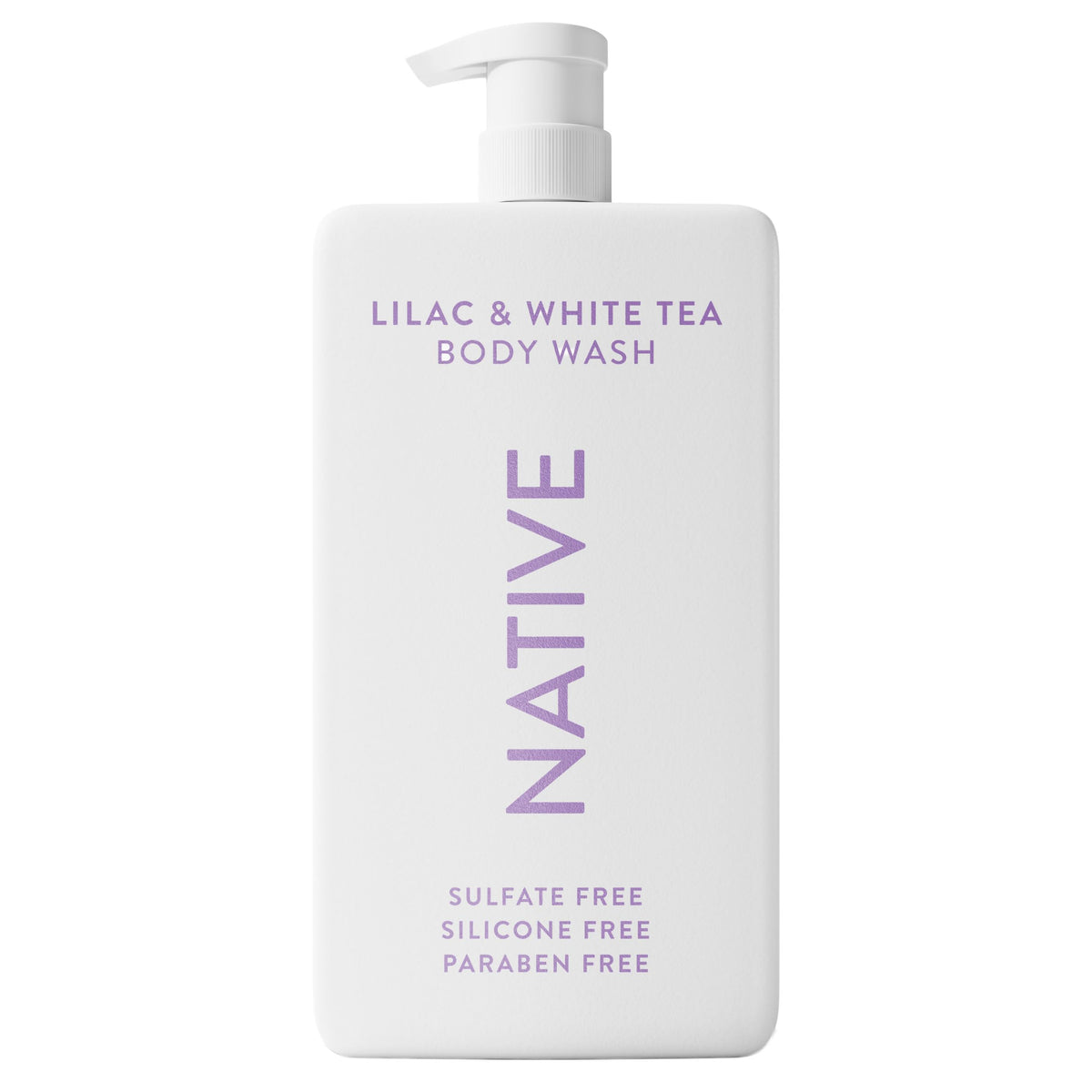 Native gel ducha sin sulfatos, botella vertiendo, limpieza suave para la piel.