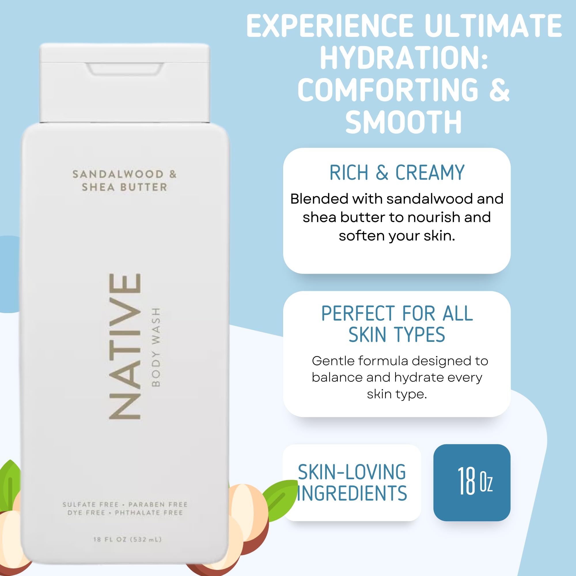 Native lavado corporal aroma sándalo y manteca de karité, hidratación suave