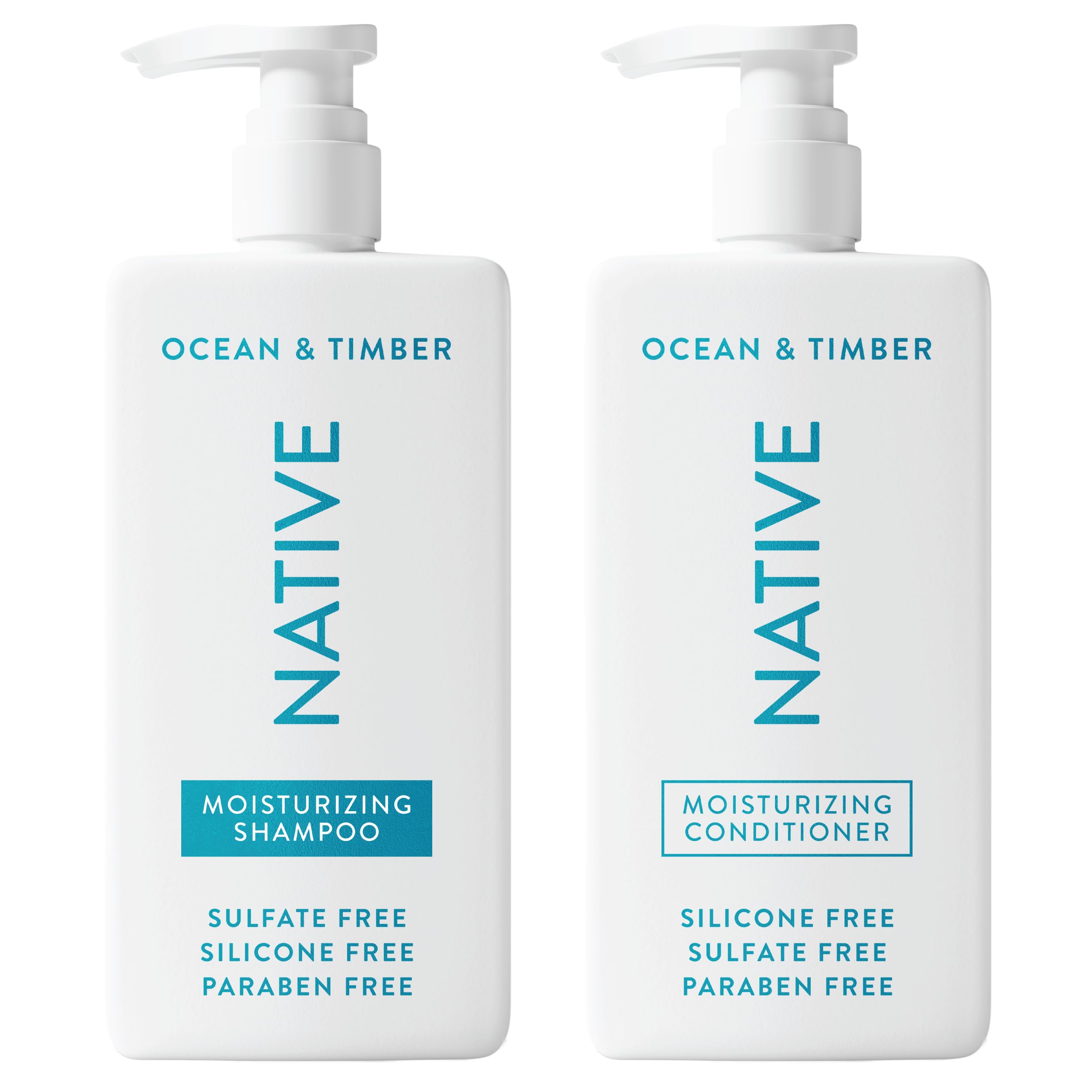 Native Ocean & Timber champú botella, aroma marino y madera para cabello limpio.