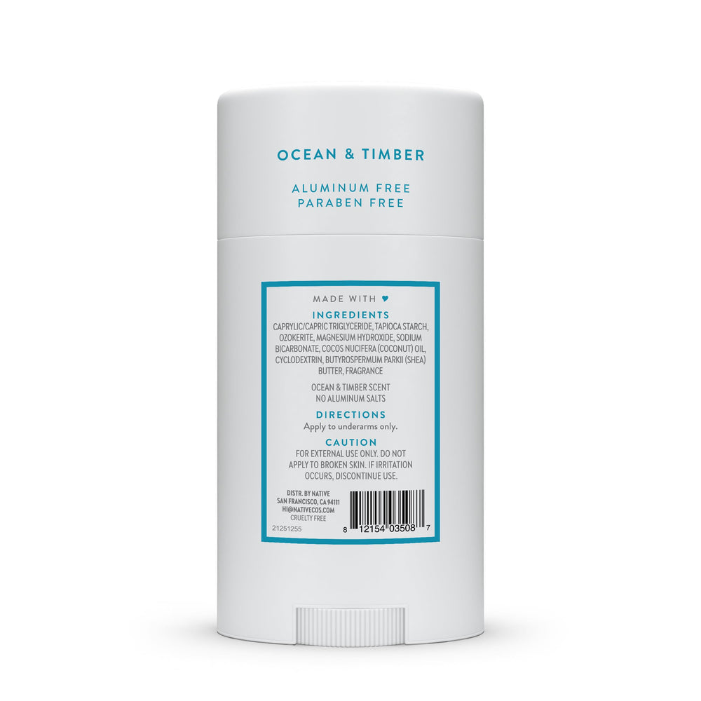 Native Ocean & Timber no-residue promise shown on clean skin test.