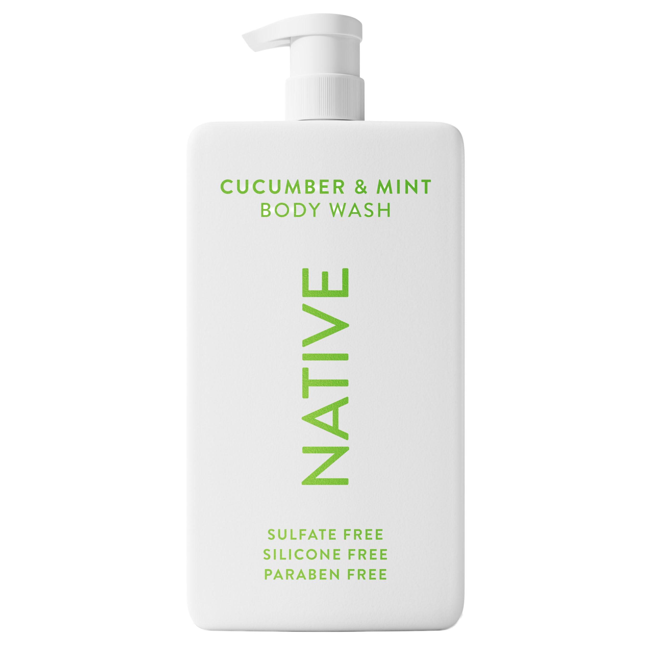 Botella Native pepino-menta para baño sin sulfatos, sensación limpia y fresca.