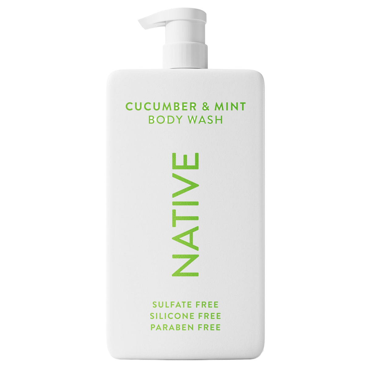 Botella Native pepino-menta para baño sin sulfatos, sensación limpia y fresca.