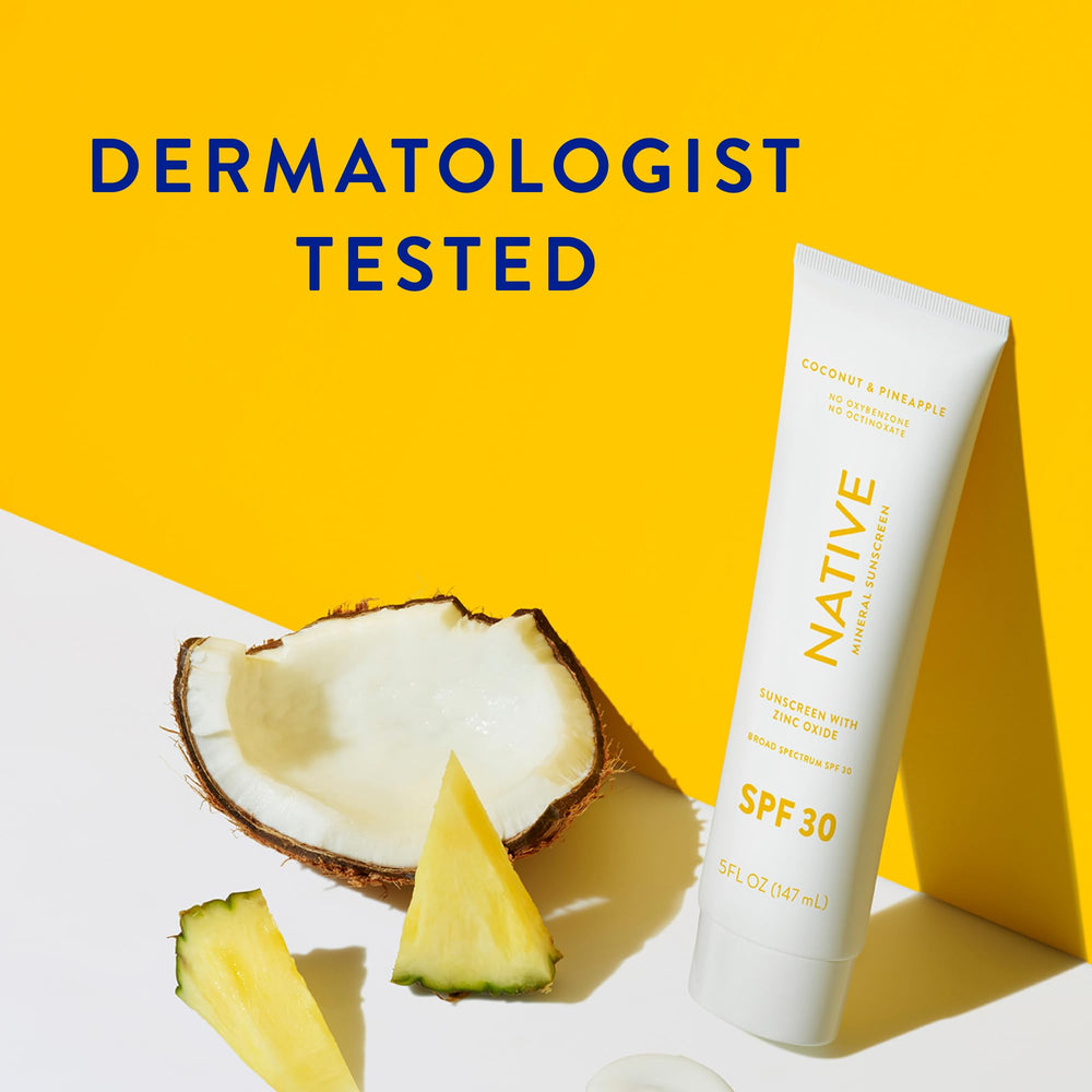Protector solar Native SPF 30, aroma piña y coco, experiencia sensorial para actividades al aire libre.