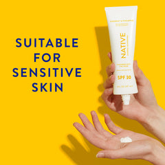 Protector solar Native SPF 30, etiqueta Hawaii, cumple estándares y dermatológicamente probado.
