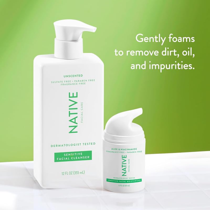 Native limpiador facial sensible con aloe y Vitamina B3 para piel hidratada.