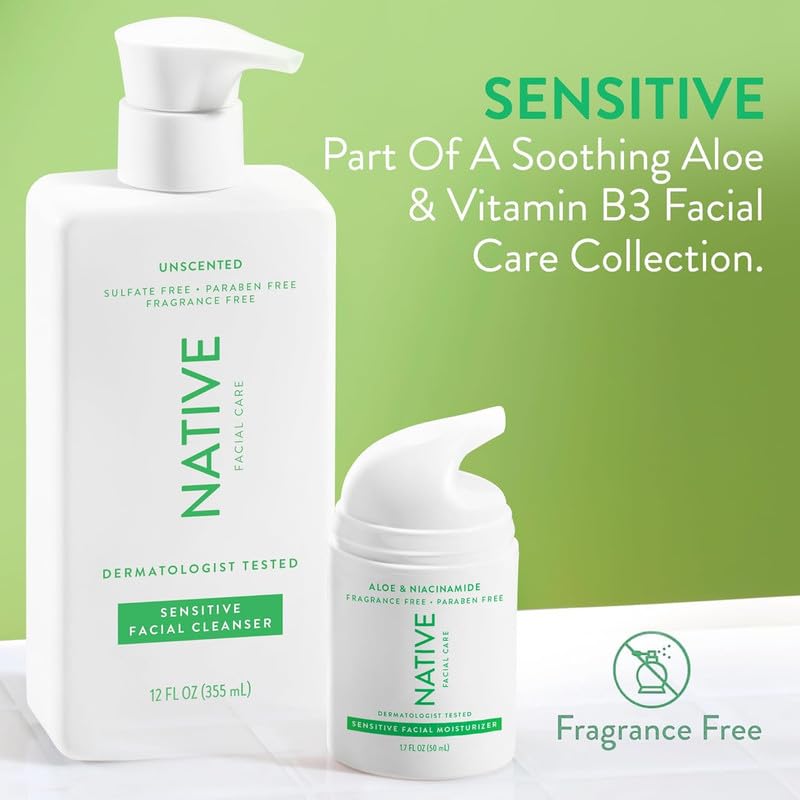 Native limpiador facial sensible envase práctico para la rutina diaria.