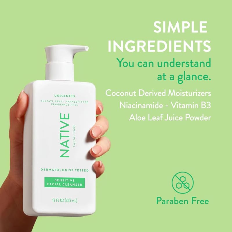 Native limpiador facial sensible sin fragancia, ideal para piel sensible.