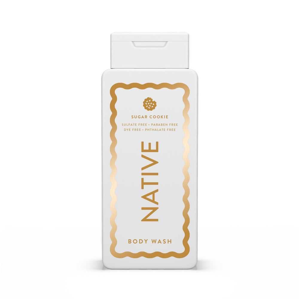 Native Sugar Cookie body wash bottle with luxurious lather and moisturized skin.