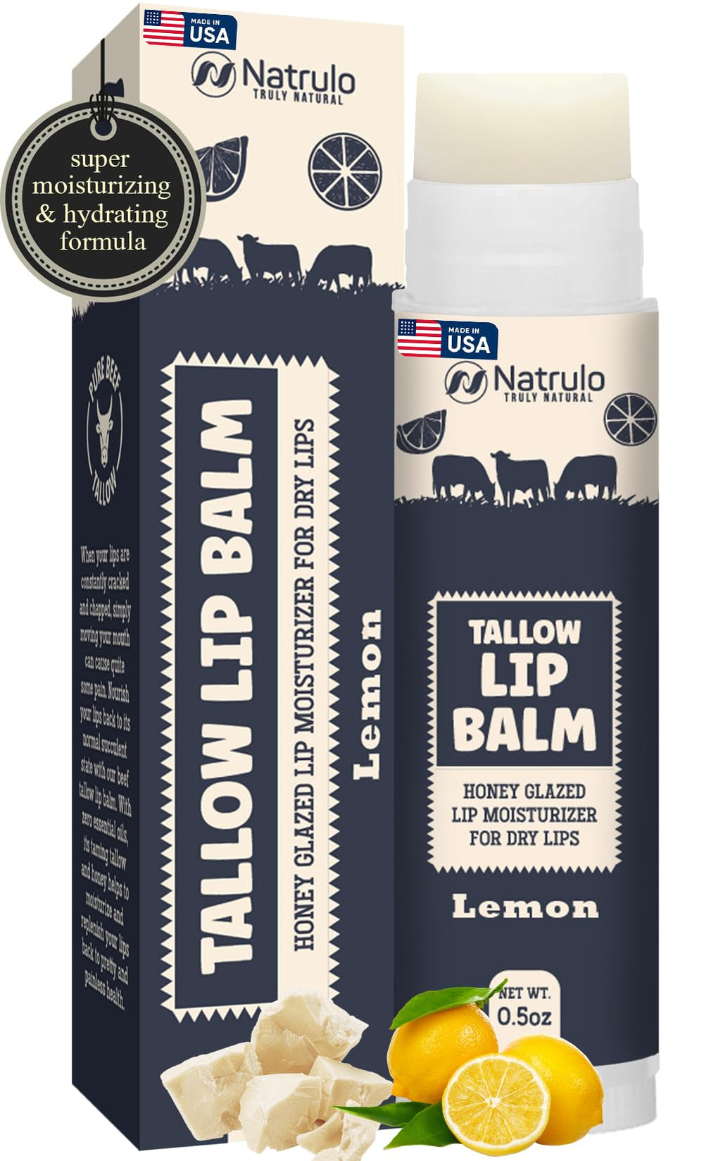 Bálsamo labial Natrulo de sebo de res con limón para hidratación duradera.