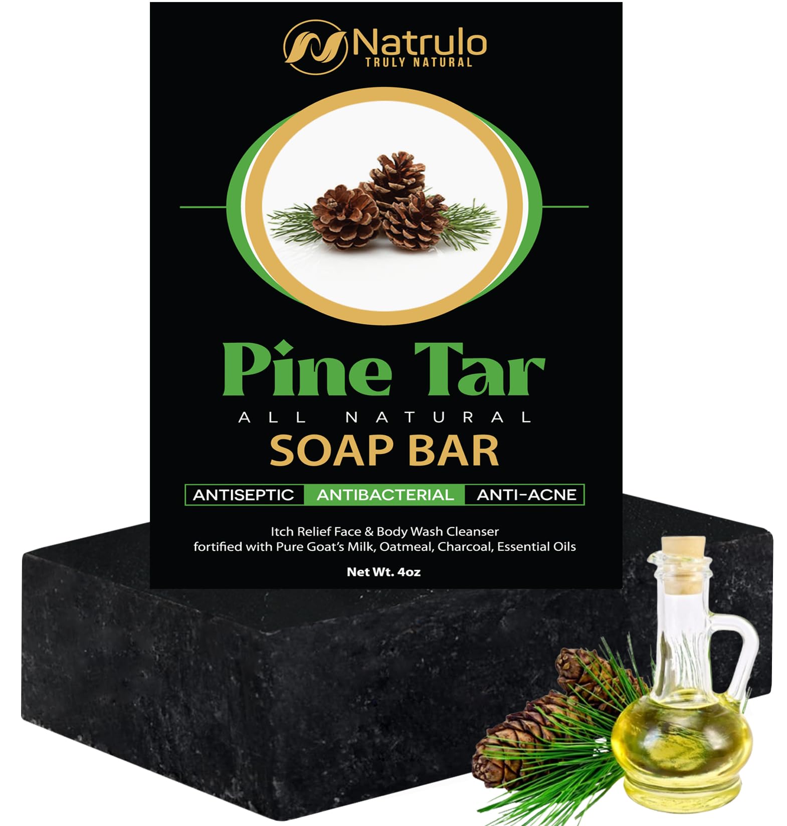 Jabón Natrulo de pino tar, barra-4oz, limpieza suave de cara y cuerpo.