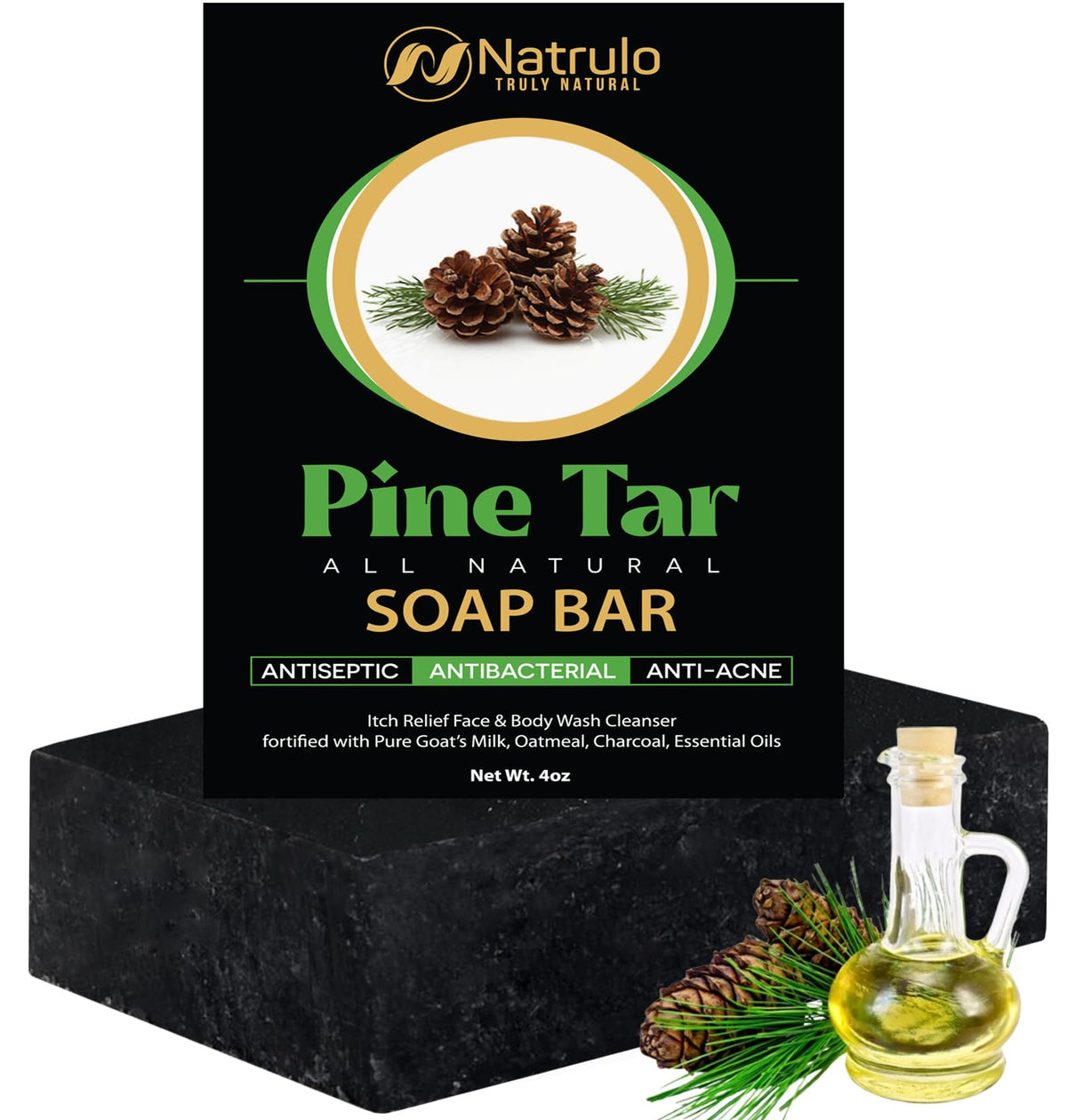 Jabón Natrulo de pino tar, barra-4oz, limpieza suave de cara y cuerpo.