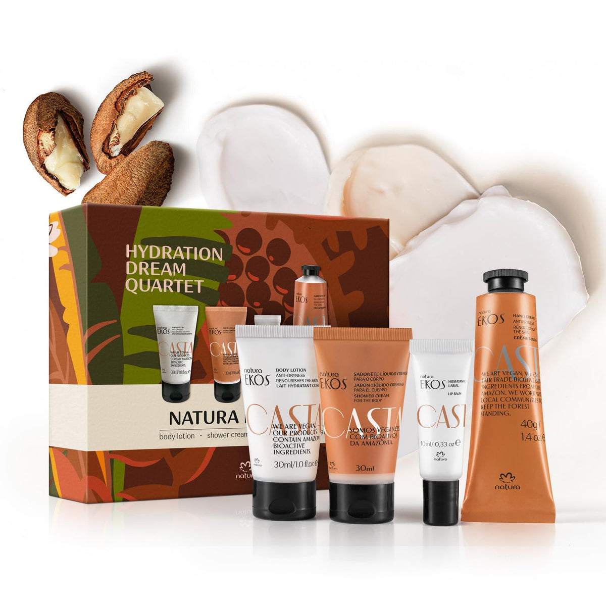 Natura Castanha: conjunto mini en caja frontal, ideal para viaje y cuidado diario.