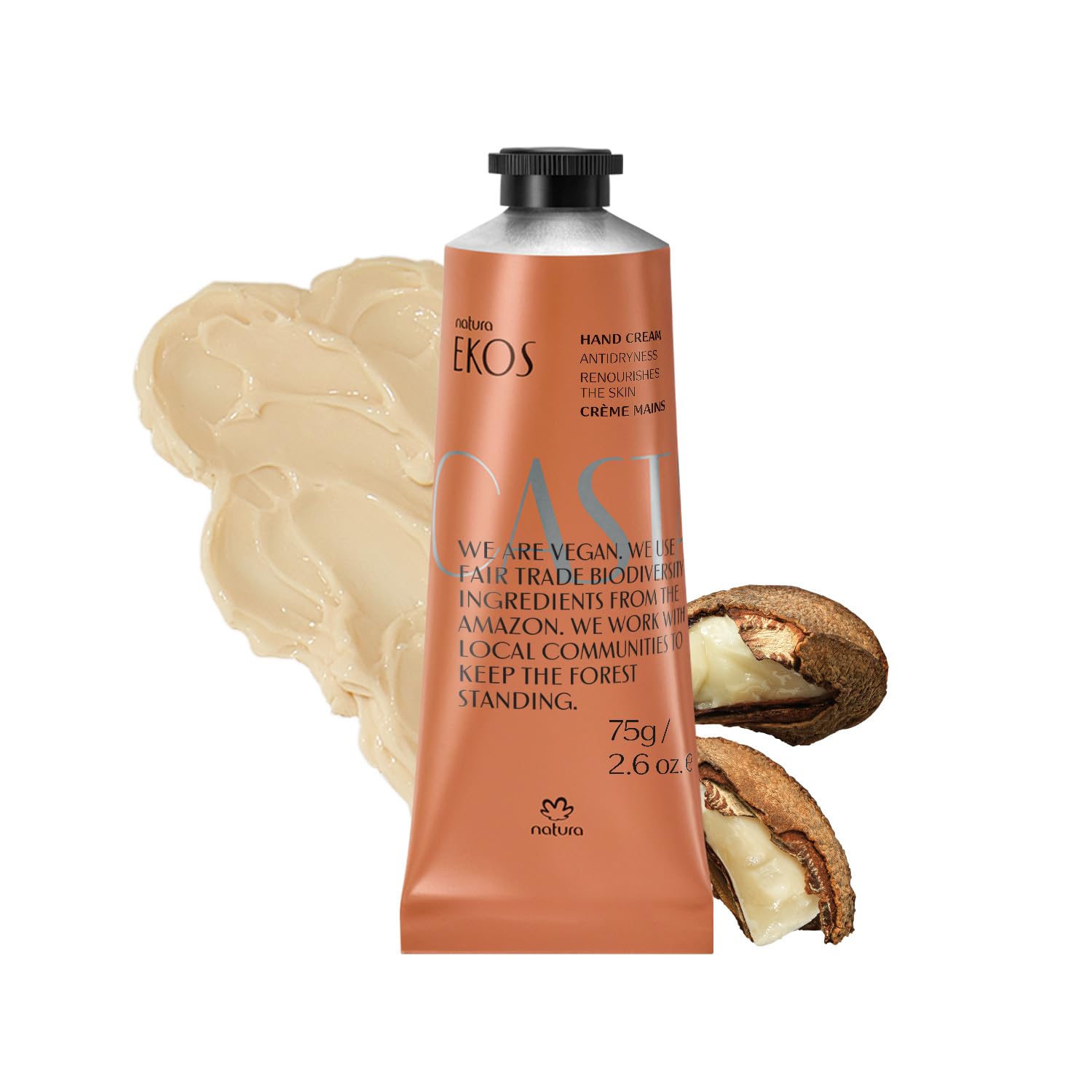 Natura Crema de Manos Castanha en botella de 75 g para hidratación duradera.