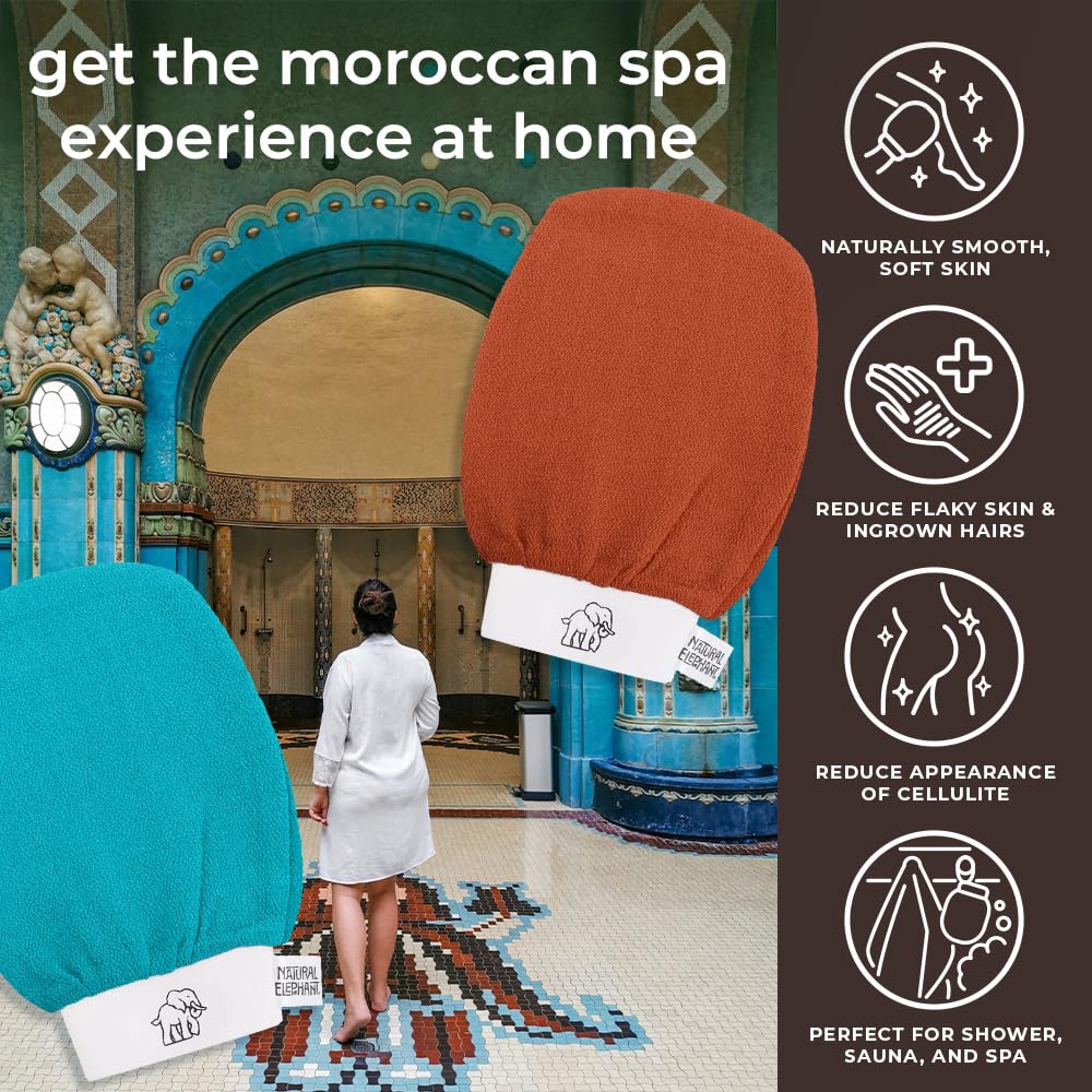 Natural Elephant guante exfoliante Hammam, uso en ducha para renovación suave de la piel.