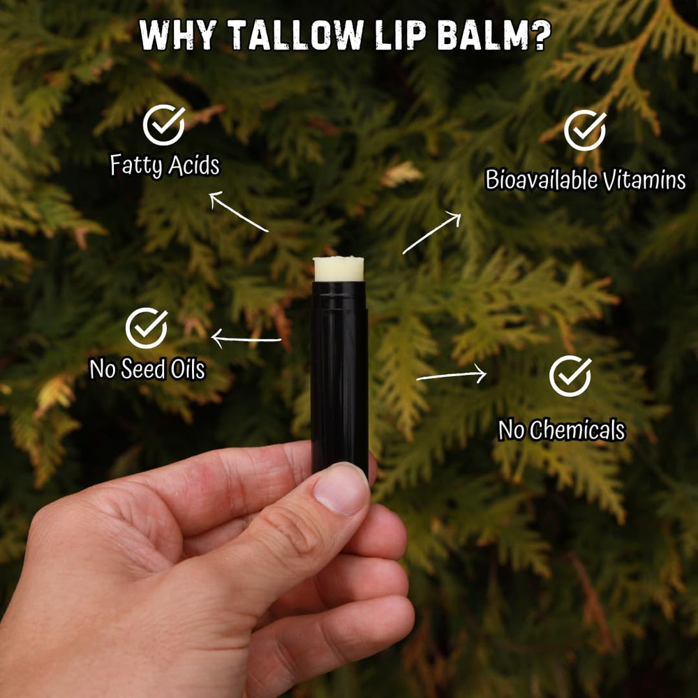 Natural Organic Storefront Beef Tallow Lip Balm close-up highlights organic ingredients and rich moisture.