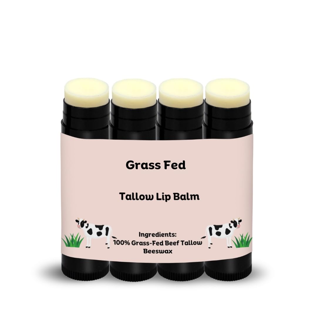Natural Organic Storefront Beef Tallow Lip Balm four-pack front view demonstrates on-the-go hydration.