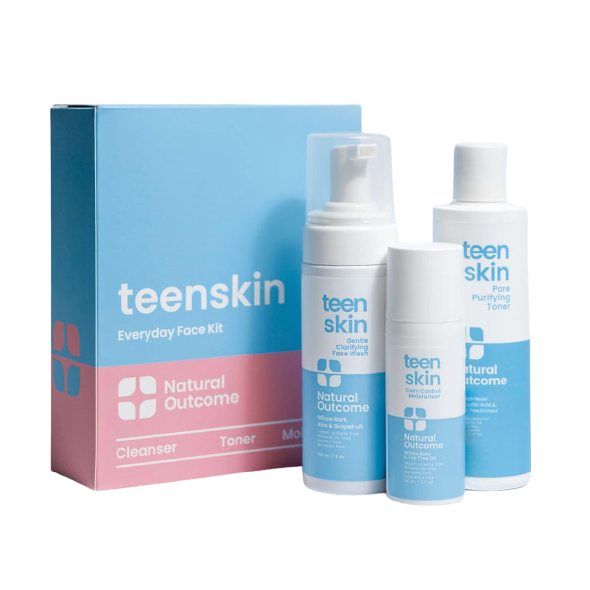 Natural Outcome Teen Skin Kit 3 Pasos: caja frontal para rutina diaria de cuidado juvenil.