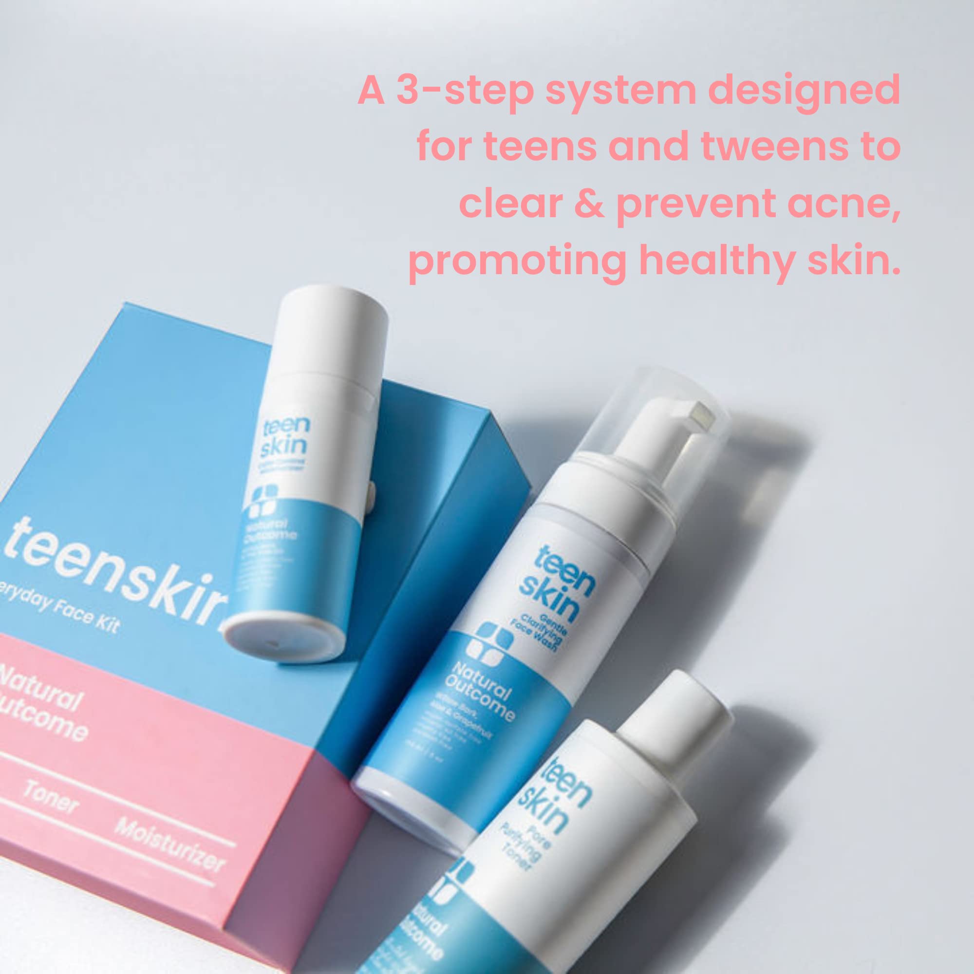 Natural Outcome Teen Skin Kit 3 Pasos: envase de diseño limpio para uso diario.