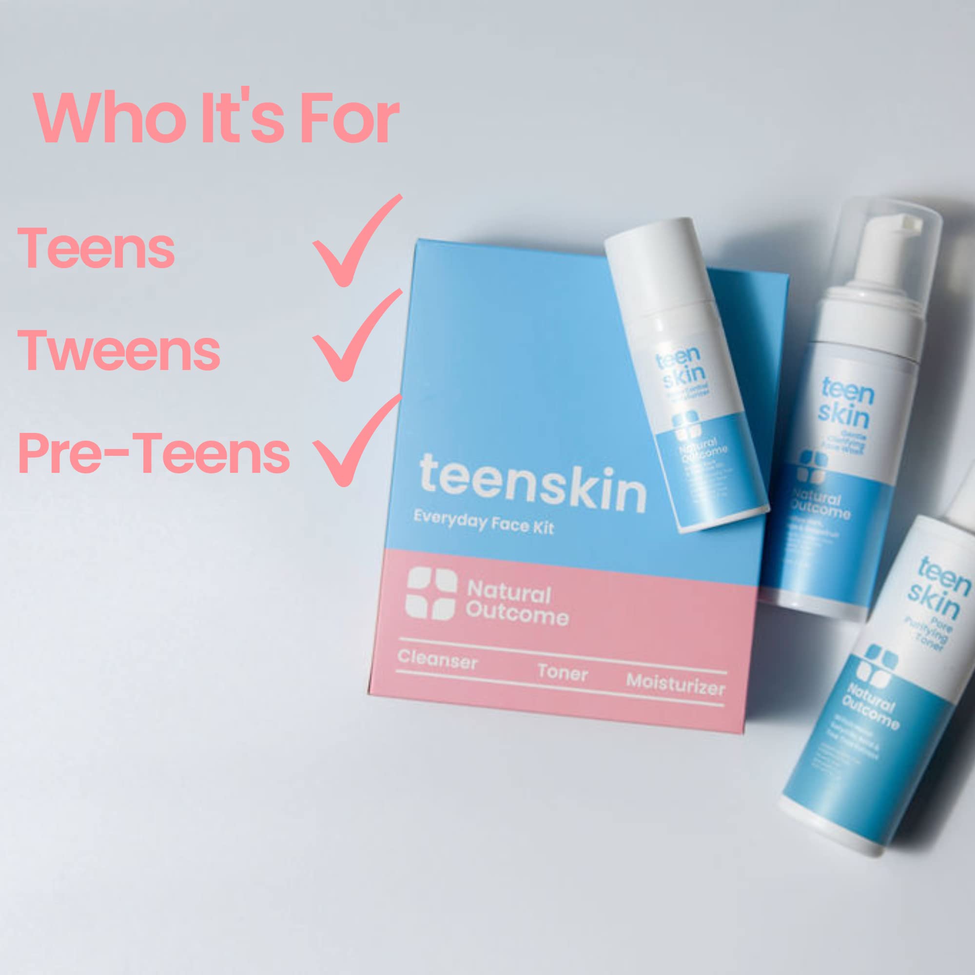 Natural Outcome Teen Skin Kit 3 Pasos: etiqueta clara con información de uso seguro.