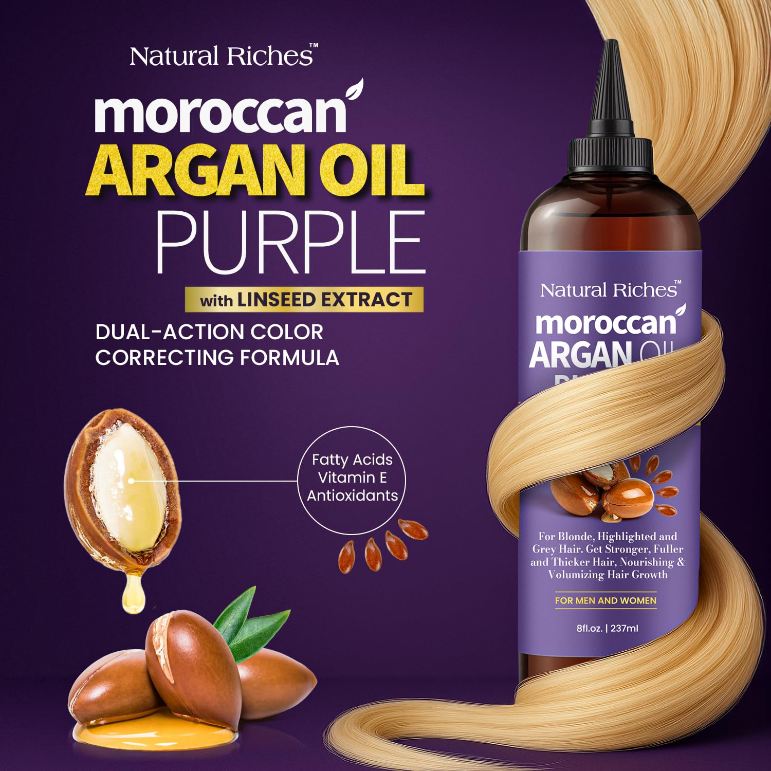 Natural Riches Aceite Argán Morado con aplicador, aplicación precisa para cabellos claros